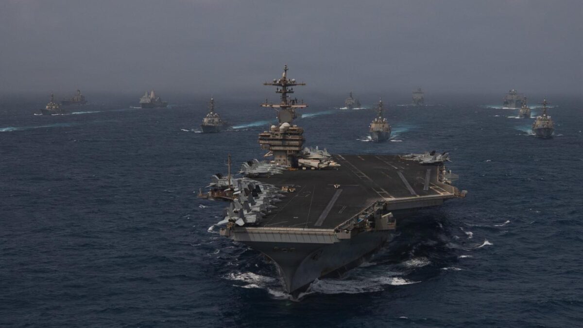 U.S. Navy warships transit the Arabian Sea in close formation on June 30, 2026.
