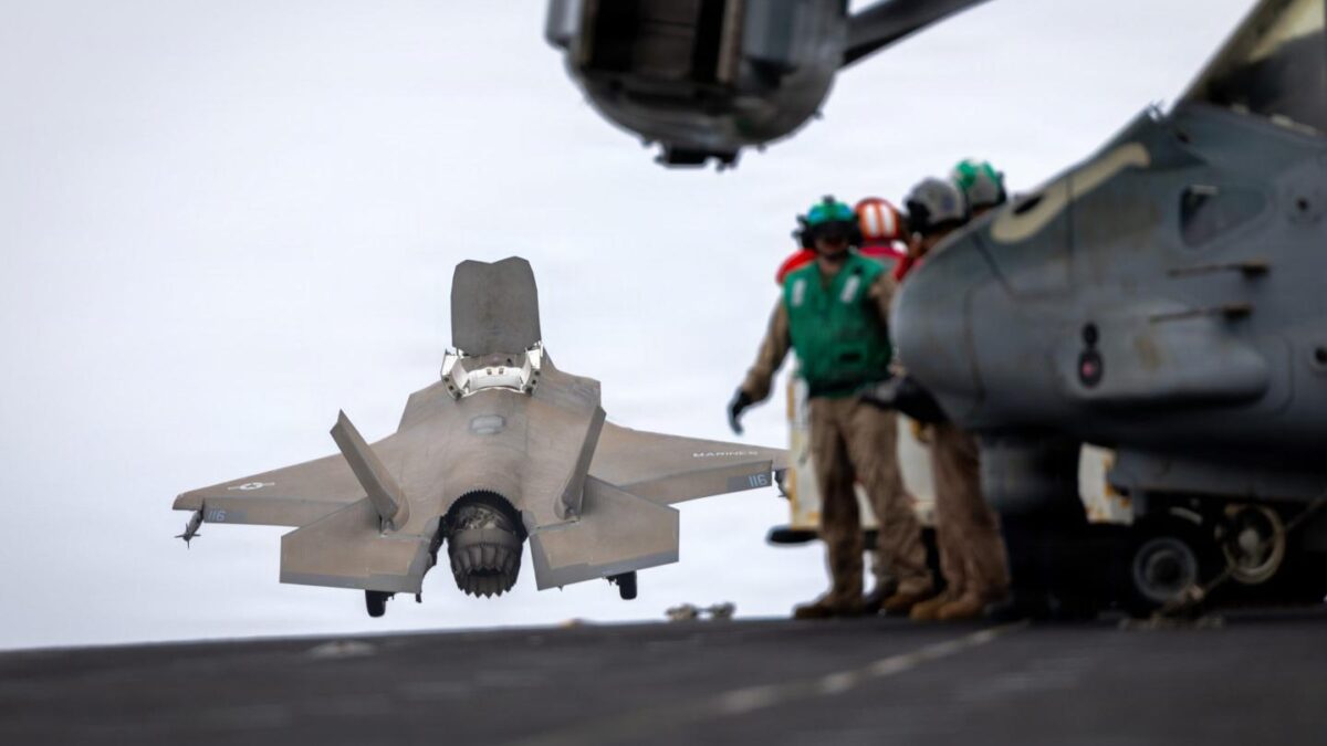 A U.S. Marine Corps F-35B Lighting II assigned to Marine Fighter Attack Squadron (VMFA) 122, 11th Marine Expeditionary Unit, takes off during flight operations aboard Wasp-class amphibious assault ship USS Boxer (LHD 4) in the U.S. Central Command area of responsibility, July 17, 2026.