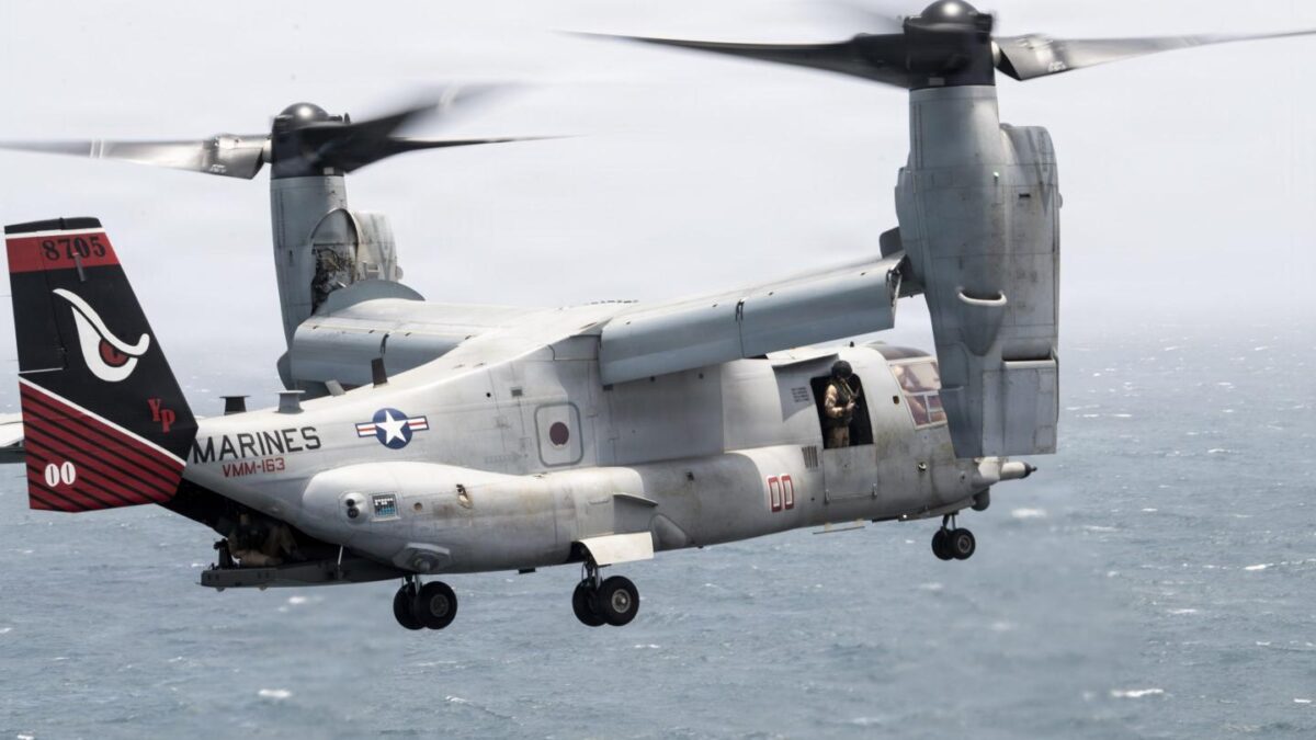 A U.S. Marine Corps MV-22B Osprey prepares to land on the flight deck of the U.S.S. Boxer during operations on July 11, 2026.