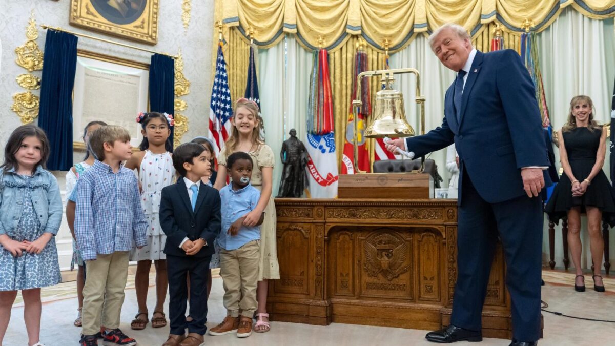 President Donald Trump rings the opening bell for the New York Stock Exchange and the Nasdaq in the Oval Office at the White House to celebrate Trump Accounts.