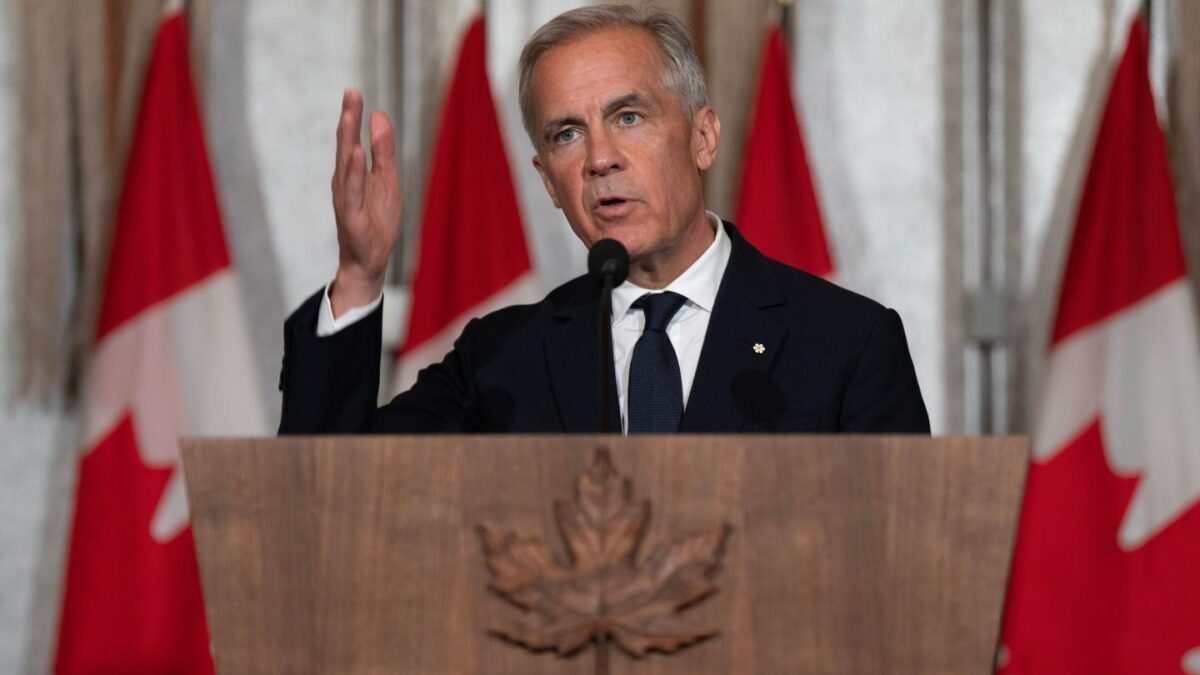 Canada Prime Minister Mark Carney speaks during a media availability in Jeddah, Saudi Arabia, Thursday, July 9, 2026.