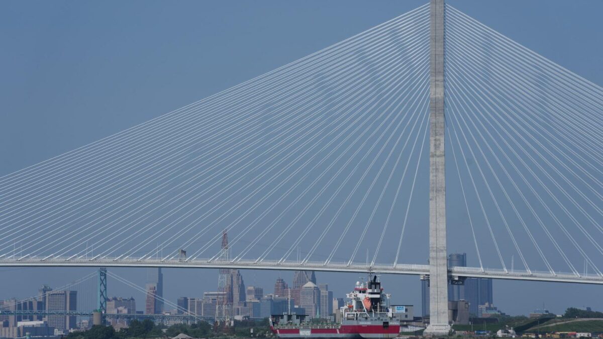The Gordie Howe International Bridge is seen from River Rouge, Mich., connecting Detroit with Windsor, Ontario.