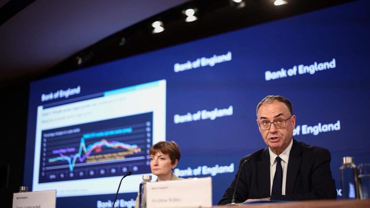 Bank of England (BoE) Governor Andrew Bailey, right, and BoE Deputy Governor Clare Lombardelli attend the Monetary Policy Report press conference.