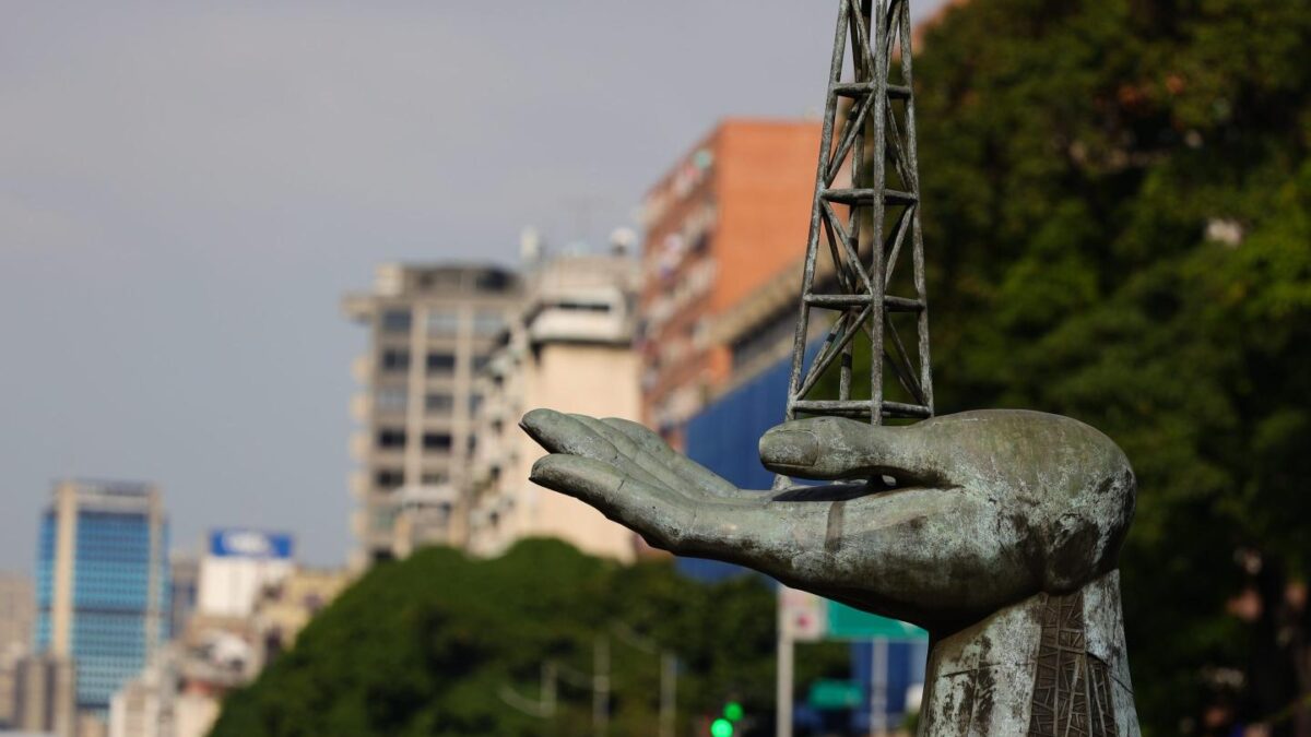 A sculpture depicts Venezuelan oil in Caracas, Venezuela, on January 7, 2026.