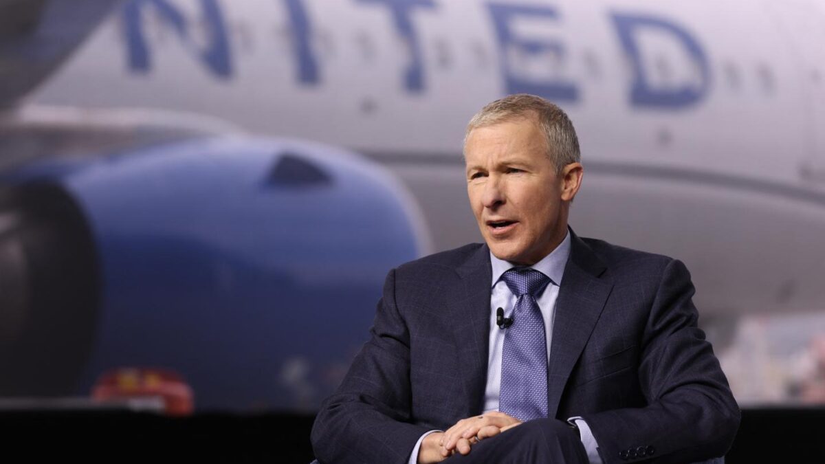 United Airlines CEO Scott Kirby speaks during a media event showcasing the airline's new premium "Elevated" aircraft interior at Los Angeles International Airport (LAX) in Los Angeles, California, on March 24, 2026. (Photo by Patrick T. Fallon / AFP via Getty Images)