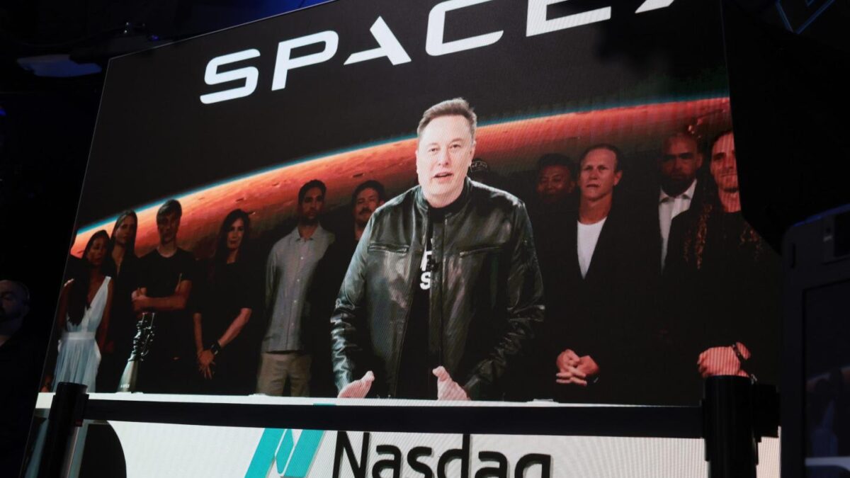 Elon Musk, founder and CEO of SpaceX, speaks via video before the ringing of opening bell at the Nasdaq Marketsite at the launch of the company's initial public offering (IPO) on June 12, 2026.