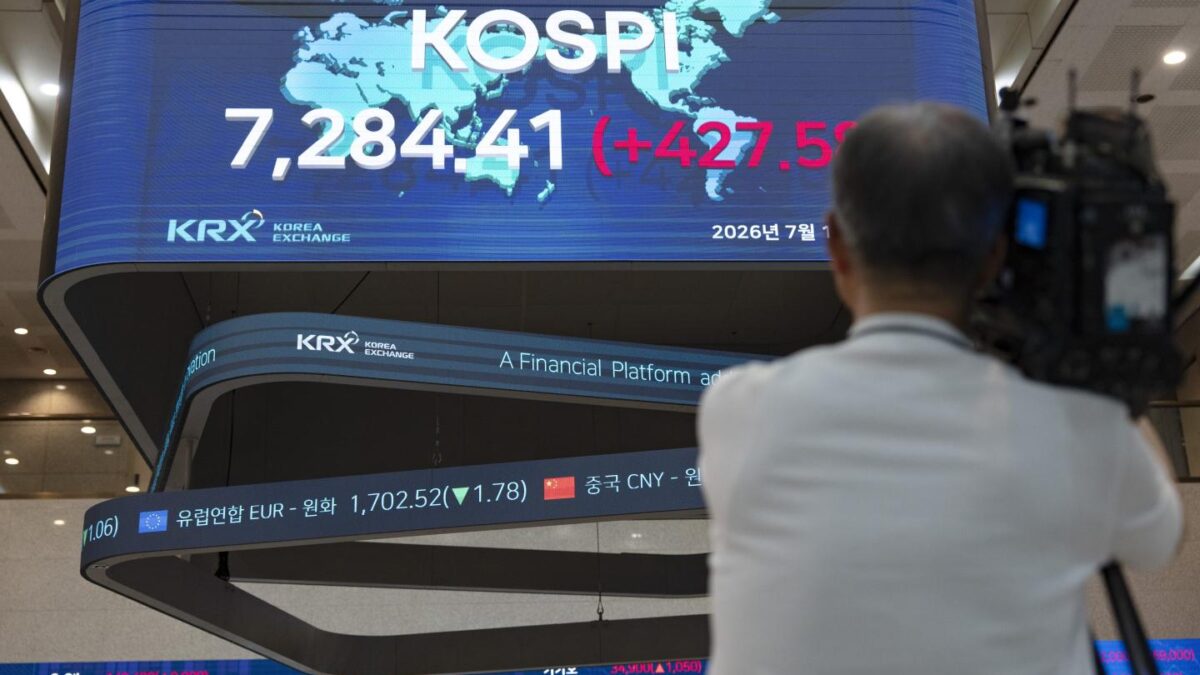 An electronic market board displaying the closing KOSPI index at the Korea Exchange (KRX) in Yeouido, Seoul, South Korea, on July 15, 2026.