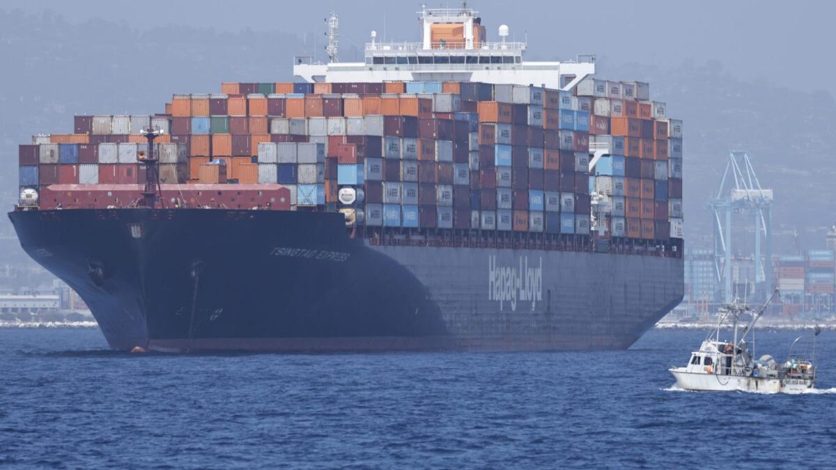 A container ship floating off the Port of Los Angeles on July 17, 2026.