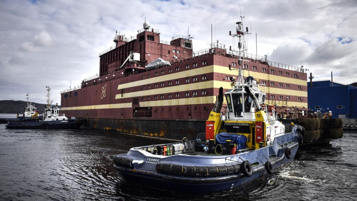 The floating nuclear power plant Akademik Lomonosov is towed to Atomflot moorage of the Russian northern port city of Murmansk on May 19, 2018. The barge is the world’s only nuclear floating power unit.